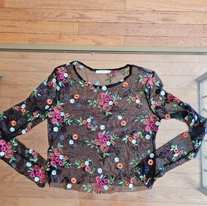 Urban Outfitters Crop Top Small Sheer Black Mesh Long Sleeves Floral Embroidered